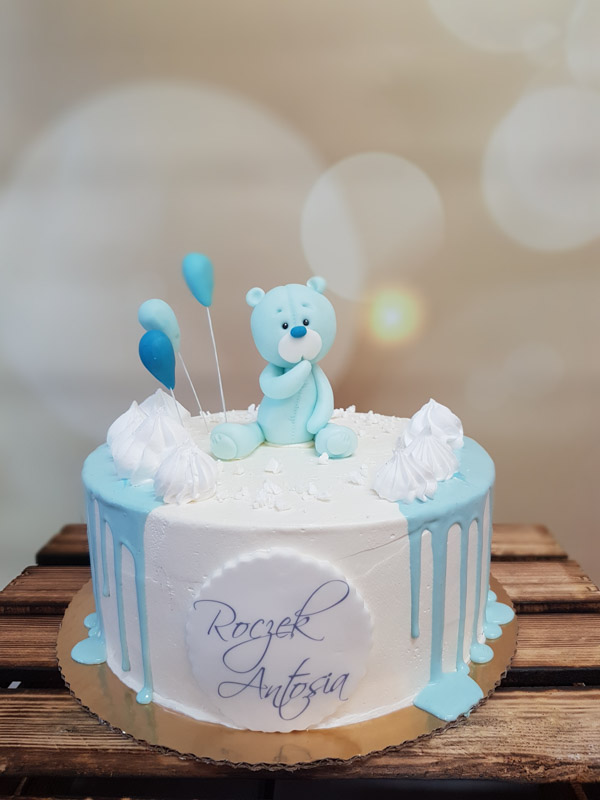 tort niebieski miś urodzinowy dla dzieci cukiernia want